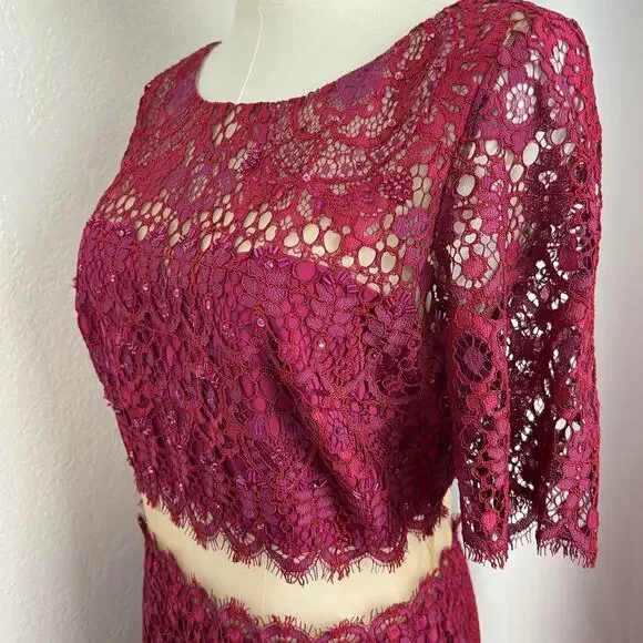 Marchesa Notte Dress Womens 6 Magenta Lace Midriff Cocktail Wedding Guest Glam